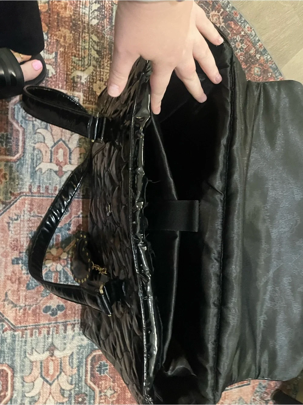 Betsey Johnson Black Patent Quilted Heart Tote with Charm Laptop Bag